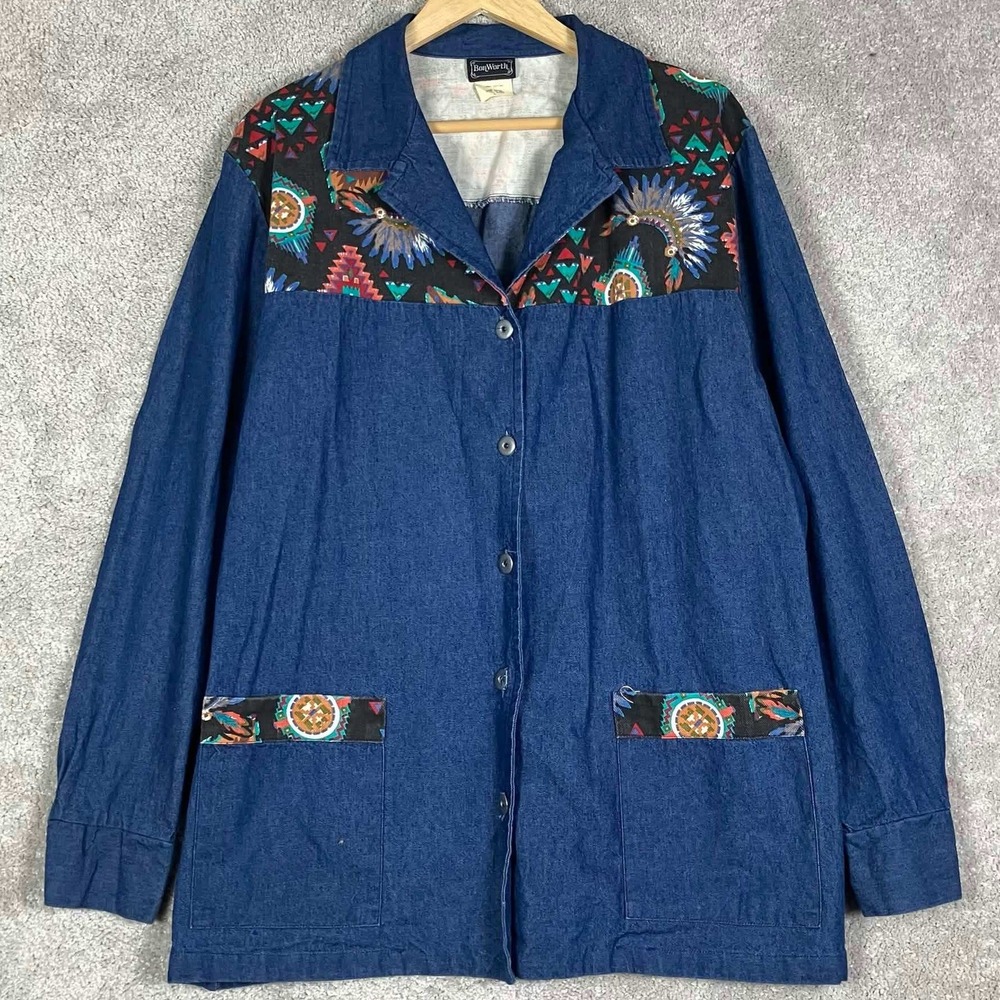 Vintage Denim Jacket Women Large Blue Southwestern Aztec Print Made USA BonWorth